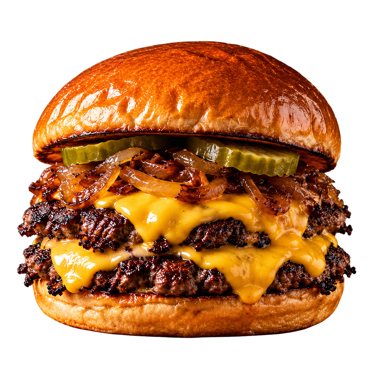 Hambúrguer duplo da Braza, com brioche, queijo e cebola caramelizada