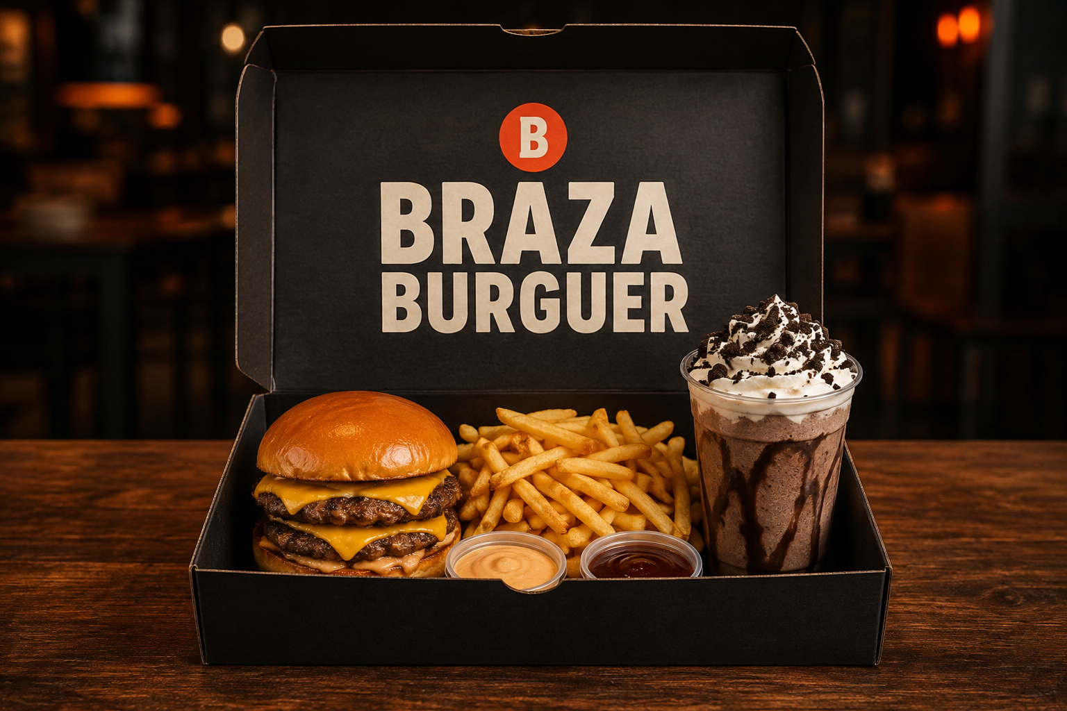 Combo completo da Braza com burger, fritas, molhos e milkshake